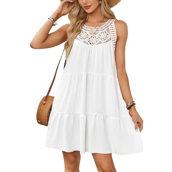 Halter Dress For Women Mini Sundress Lace Crochet Sleeveless Cover Ups A-Line Tiered Swing Summer Casual Dress