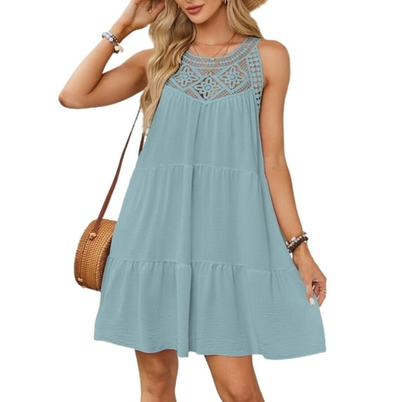 Halter Dress For Women Mini Sundress Lace Crochet Sleeveless Cover Ups A-Line Tiered Swing Summer Casual Dress