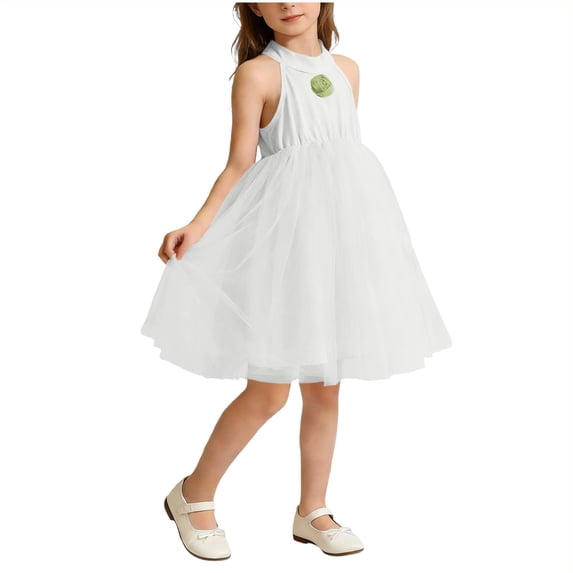 Halter Dresses For Girls Sleeveless Crew Neck Mesh Patchwork Sundress Summer Casual Stylish Midi Dress (2-3 Years, White)