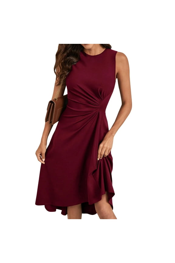 Halter Dresses For Women, Tank Cocktail Wedding Guest A Line Tunic Wrinkled Ruffle Long Sleeve Dresses Sequin Sun Women Summer Casual Dresses Modest Floral Dresses Work Denim (M, Wine) ZMTing