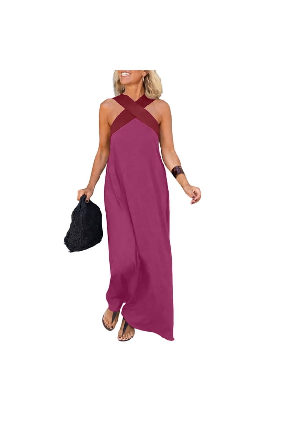 Halter Dresses for Women Cross Strap Sleeveless Maxi Dress Backless Summer Causal Long Dresses, XL