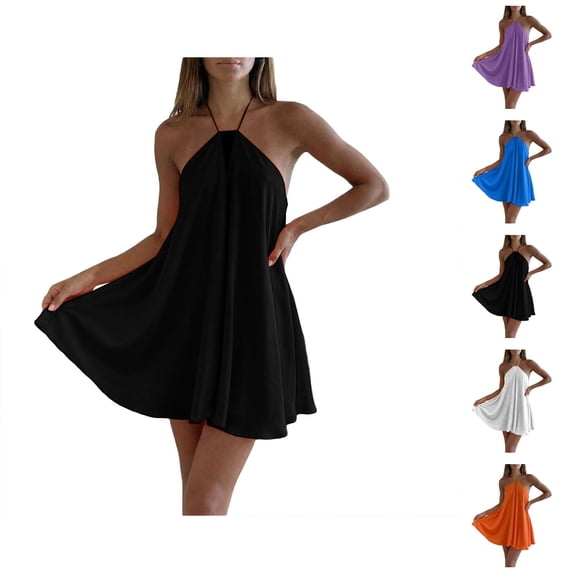 Halter Dresses for Women Sleeveless V Neck Backless Swing Flowy Mini Dress Casual Summer Beach Vacation Dresses