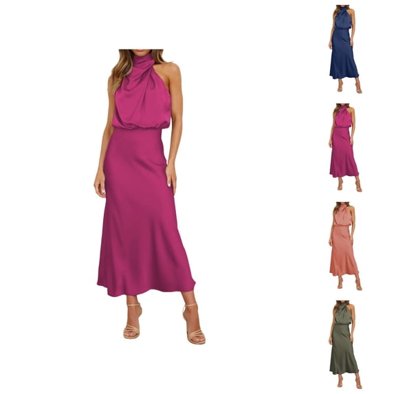 Halter Dresses for Women Summer Elegant Sleeveless Zip Back Flowy Maxi Dress Evening Gown Wedding Guest Dress