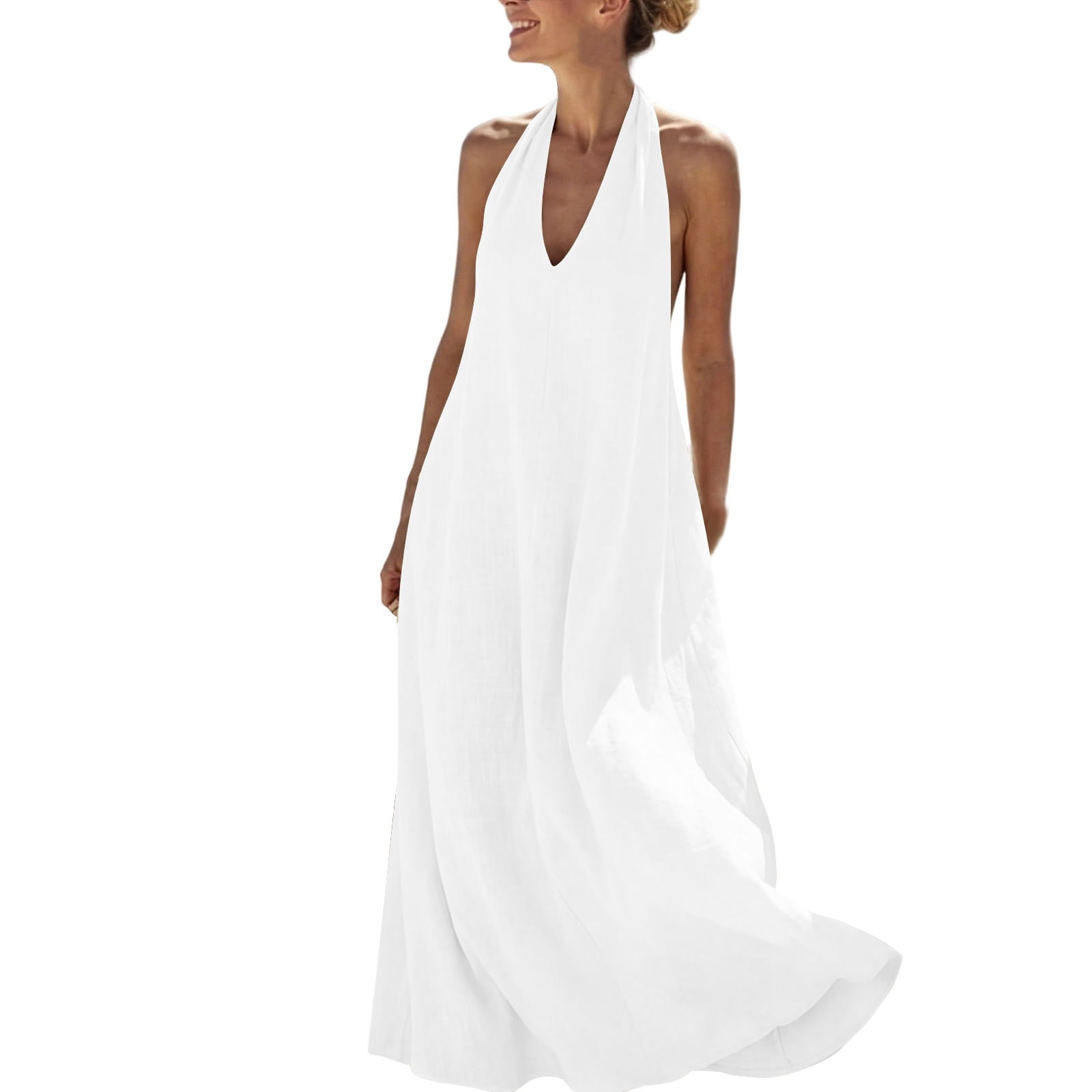 white halter dresses for women Midi Dress: Backless A-line Summer Party Outfit 5% Spandex White jersey Halter Neck mini