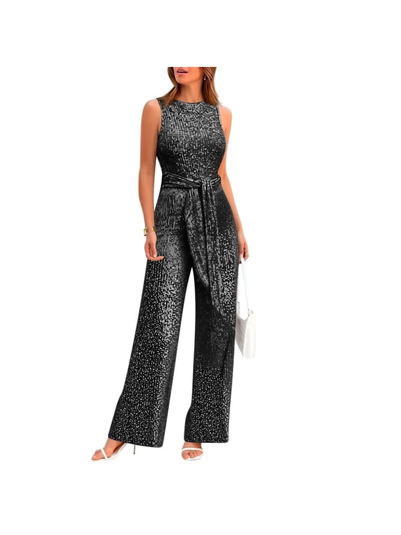 Halter Jumpsuits For Women Casaul Sleeveless Sequin Jumpsuit Round Neck High Waist Tie Waist Wide Leg Romper Formal Evening Party Overalls Shiny Overalls Pants Black S