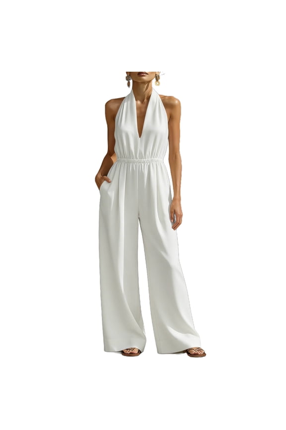 Halter Jumpsuits for Women Dressy Deep V-Neck Sleeveless Elastic Waist Wide Leg Solid Color Spring Summer Plus Size Rompers with Pockets