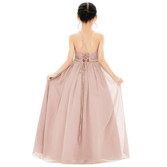 Halter Lace Criss-Cross Back Flower Girl Dress Communion Baptism Gown Wedding Father Daughter Dance Ballroom L248 2