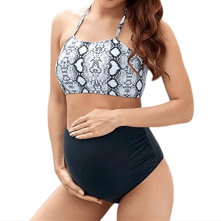 Halter Maternity Swimsuits Two Piece High Waist Snake Print Pregnancy  Swimwear Bathing Suits