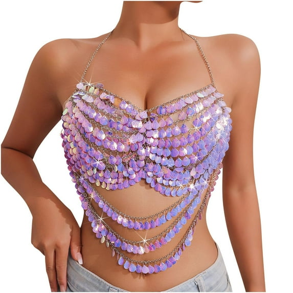 Halter Metallic Chain Tank Top for Women Sequins Deep V Neck Backless Cropped Top Nightclub Sparkly Rave Outfits Elegant Fashion Crop Tops Trendy Dressy Outfit for Party Evening Cocktail