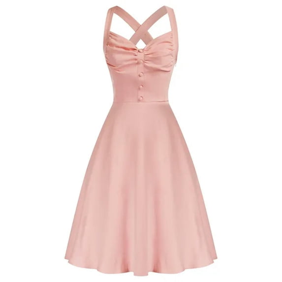 Halter Neck Button 50s Vintage Rockabilly Hepburn Swing Dress With Pockets Backless Party Sexy Women Strapless Pin Up Dress-Light SoftRed-L