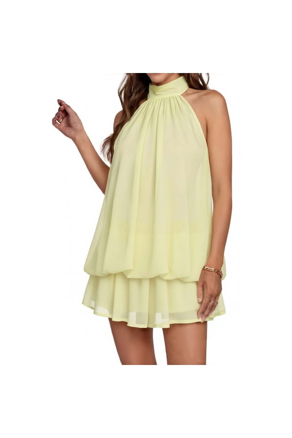 Halter Neck Chiffon Dresses for Women Cute Elegant Backless Wedding Guest Ruffle Summer Mini Bubble Dress Beige, S