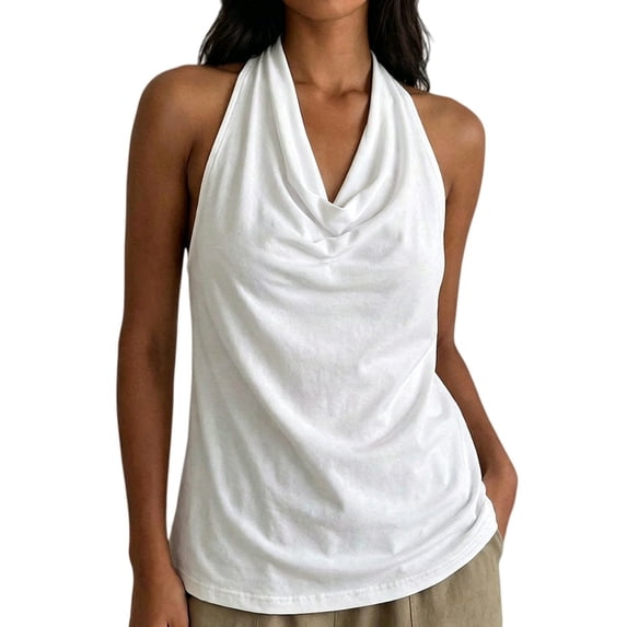 Halter Neck Draped Cowl Neck Open Back Tank Top Sleeveless Going Out Outfit Summer Trendy Soft Stretch Business Casual Camisole Loose Fit Backless Elegant Casual Vest Basic Cami Shirts White Xxl