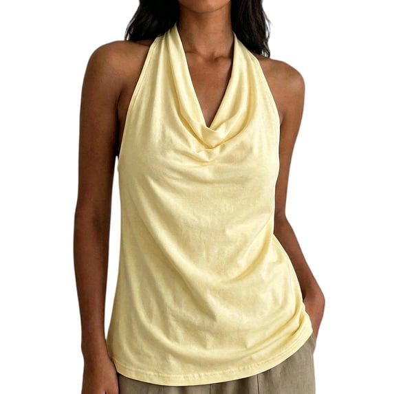 Halter Neck Draped Cowl Neck Open Back Tank Top Sleeveless Going Out Outfit Summer Trendy Soft Stretch Business Casual Camisole Loose Fit Backless Elegant Casual Vest Basic Cami Shirts Yellow S