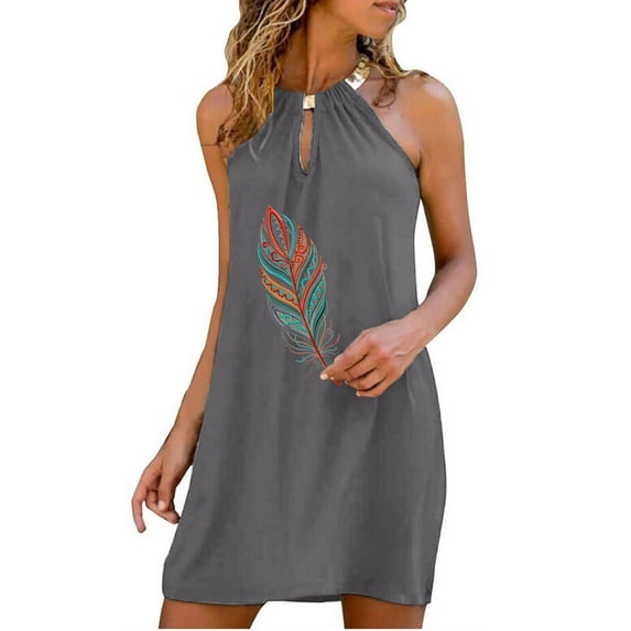 Halter Neck Dresses for Women Casual Solid Color Sleeveless Dress Sexy Keyhole T Shirt Dresses Feather Print Tank Dress