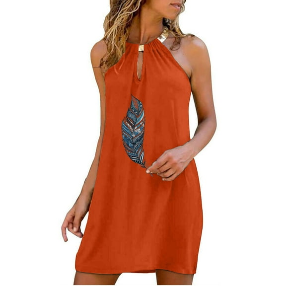 Halter Neck Dresses for Women Sexy Keyhole T Shirt Dresses Feather Print Tank Dress Casual Solid Color Sleeveless Dress
