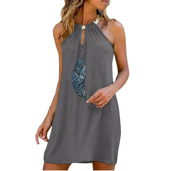 Halter Neck Dresses for Women Sexy Keyhole T Shirt Dresses Feather Print Tank Dress Casual Solid Color Sleeveless Dress