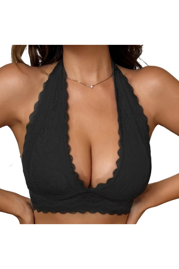 Halter Neck Lace Bra, Deep Plunge Front & Backless Design, Sexy Support for Back Outfits, Evening Wear & Romantic Occasions Black 2X-Large