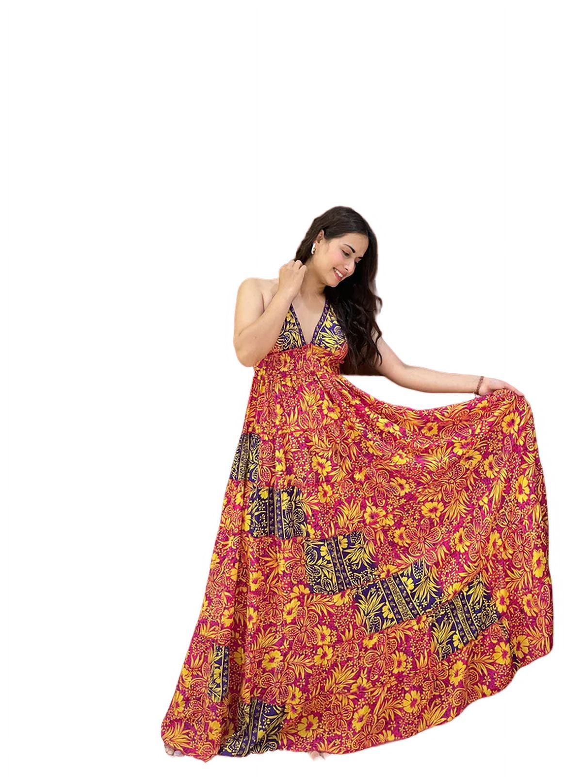 Halter Neck Multi Panel Boho Printed Mai dress - Walmart.com