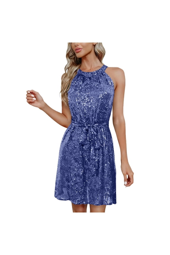 Halter Neck Sequin Dresses Womens Summer Wedding Guest Party Clubwear Sparkly Aline Dress with Belt Blue, S