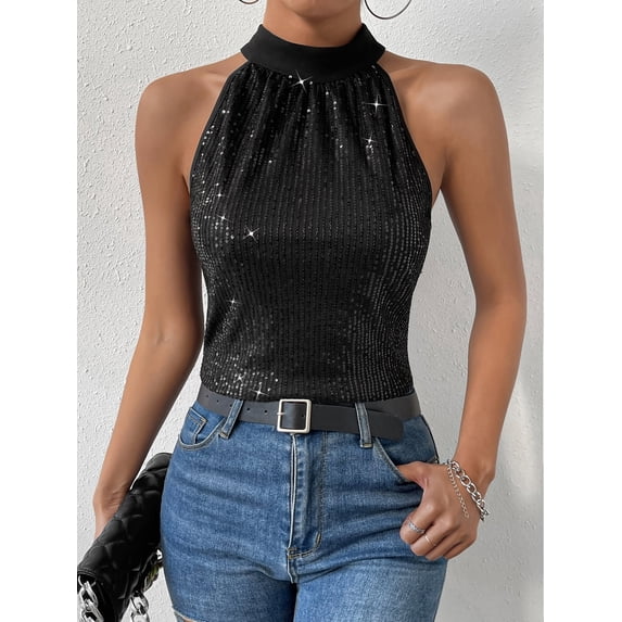Halter Neck Sequined Vest Women's Slim-Fit Versatile Top