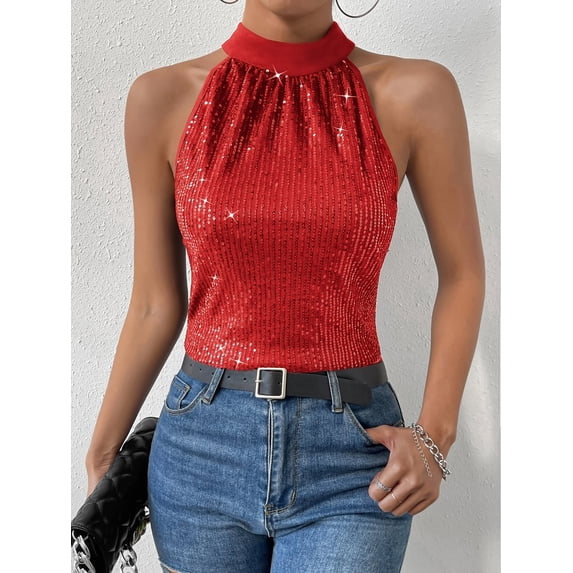 Halter Neck Sequined Vest Women's Slim-Fit Versatile Top