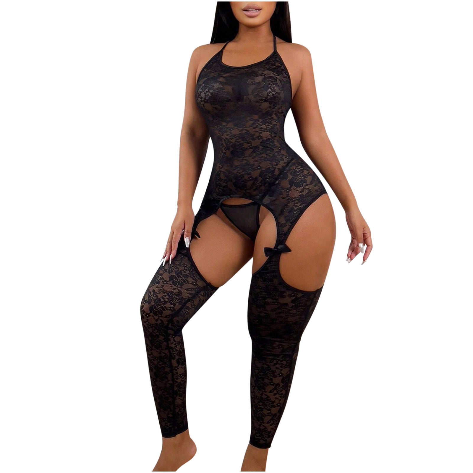 Halter Neck Solid Color Women Exquisite Fashion Lace Lingerie Jumpsuit Set, Jumpsuit+Thong, 2pcs