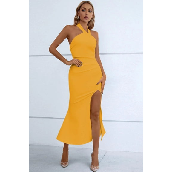 Halter Neck Split Fishtail Bodycon Dress
