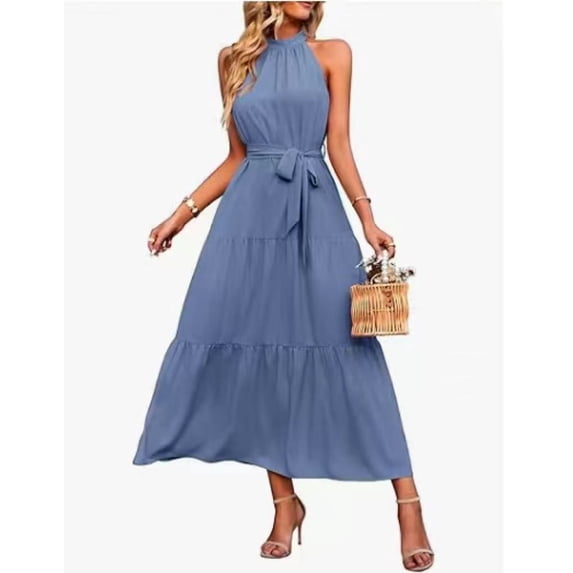 Halter-Neck Tie-Waist Maxi Dress — Sleeveless, A-Line, Tiered-Hem Vacation-Style Dress