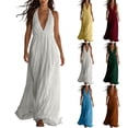 thumbnail image 1 of Halter Neck V-Neck Sleeveless Maxi Dress Solid Color Flowy Dress Casual Summer Party Evening Gown for Women White XL(XL), 1 of 8