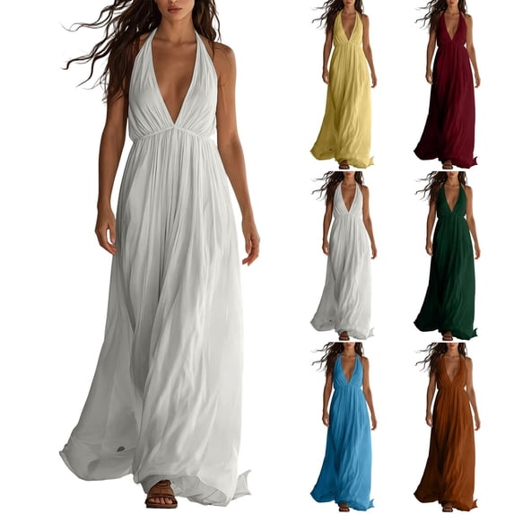 Halter Neck V-Neck Sleeveless Maxi Dress Solid Color Flowy Dress Casual Summer Party Evening Gown for Women White XL(XL)
