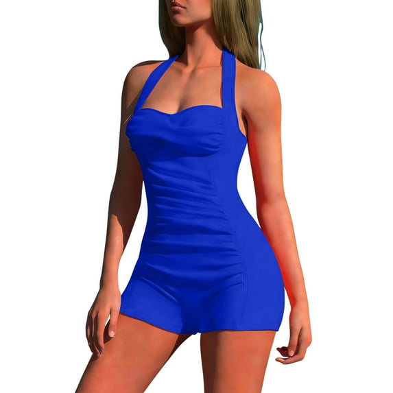 Halter One Piece Swimsuit Women Boyleg Ruched Bathing Suit Padded Open Back Solid Color Monokini Swimwear