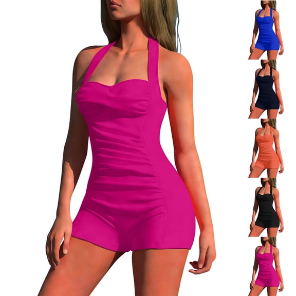 Halter One Piece Swimsuit Women Boyleg Ruched Bathing Suit Padded Open Back Solid Color Monokini Swimwear