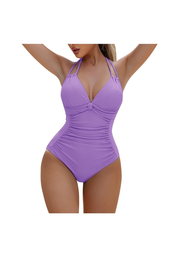Halter One Piece Swimsuits for Women Ruched Bathing Suits Strappy V Neck Monokini Swimwear