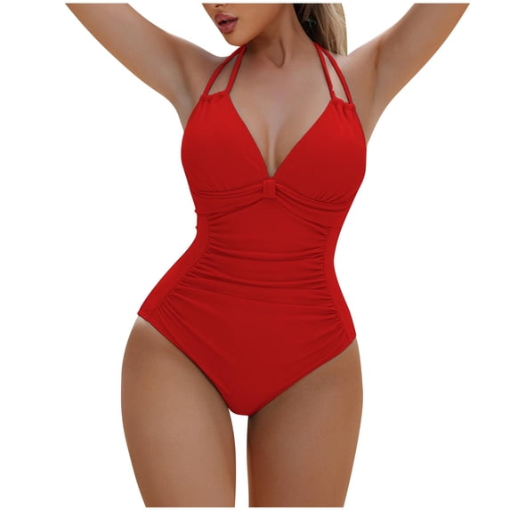 Halter One Piece Swimsuits for Women Ruched Bathing Suits Strappy V Neck Monokini Swimwear