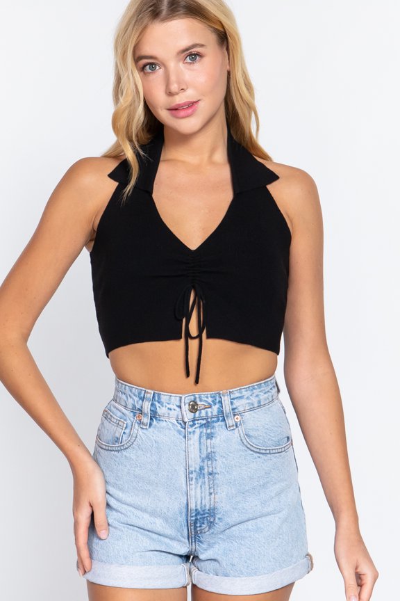 Halter Ruched Crop Sweater Knit Top Black L