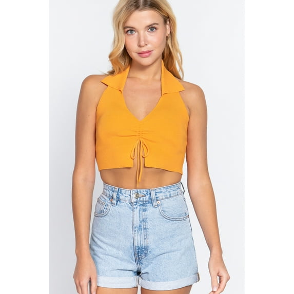 Halter Ruched Crop Sweater Knit Top