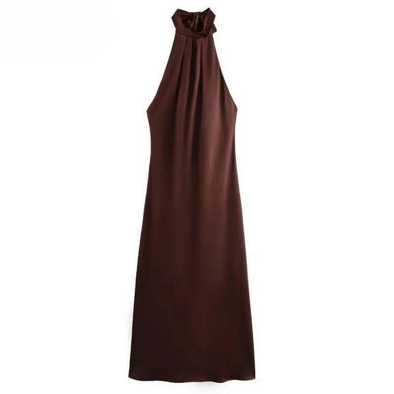 Halter Satin Long Dress Women Tied Backless Brown Midi Dress Summer Off Shoulder Party Dresses Pleated Evening Dress