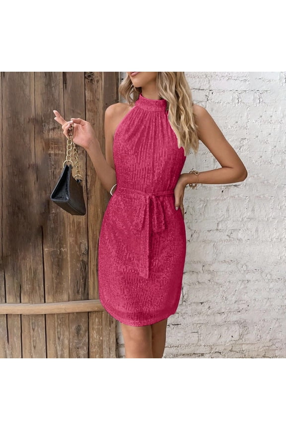 Halter Sequin Dress for Women Glitter Cocktail Dress High Waist Bodycon Tie Back Evening Party Mini Dress