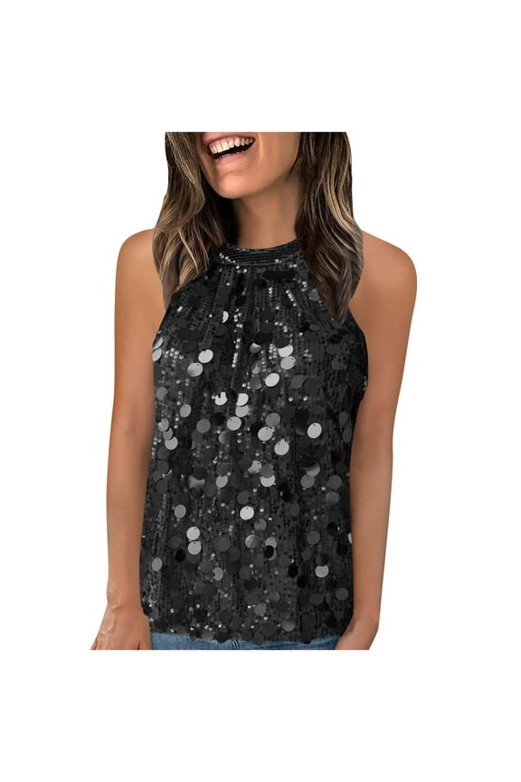Halter Sequin Tank Tops for Women Sleeveless Sparkly Glitter Club Outfits Ruched Flowy Shiny Party Concert TShirt Vest