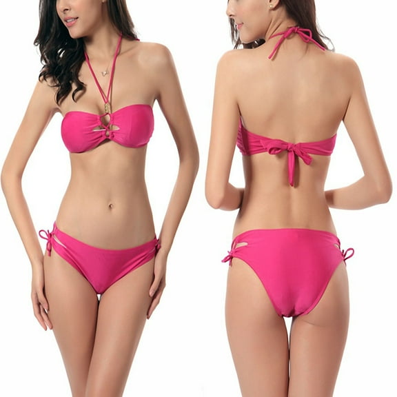 Halter Swim Suits for Women 2 Pcs Push Up Bikini Set Cheeky Self Lace up Bandeau Tops Bottoms Summer Beach Vacation, Hot Pink, XL