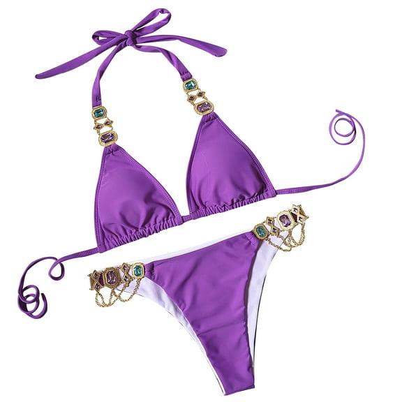 Halter Swimsuits for Women Sexy Thong Bikini Crystal Diamond Set Vintage Bathing Suit Brazilian Casual Swimming Suit