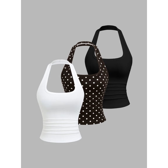 Halter Tank Top 3-Piece Set, Backless Cinched Waist Fitted Cami for Everyday & Party