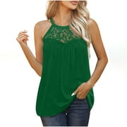 Halter Tank Tops For Women Summer Spaghetti Strap Lace Sleeveless Tunics Casual Loose Fit Pleated Solid Shirts