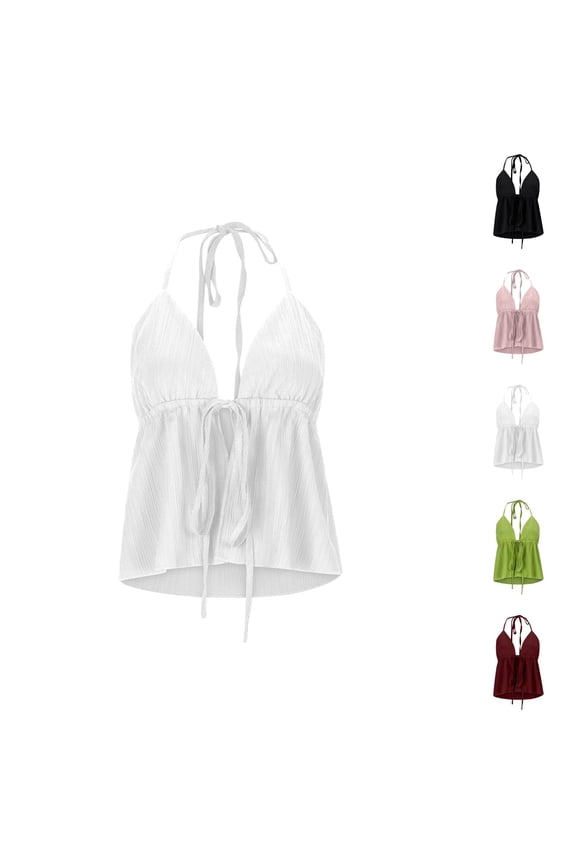 Halter Tank Tops for Women Deep V Neck Front Tie Flowy Crop Camisole Top Y2k Going out Tops