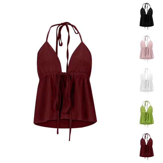 Halter Tank Tops for Women Deep V Neck Front Tie Flowy Crop Camisole Top Y2k Going out Tops