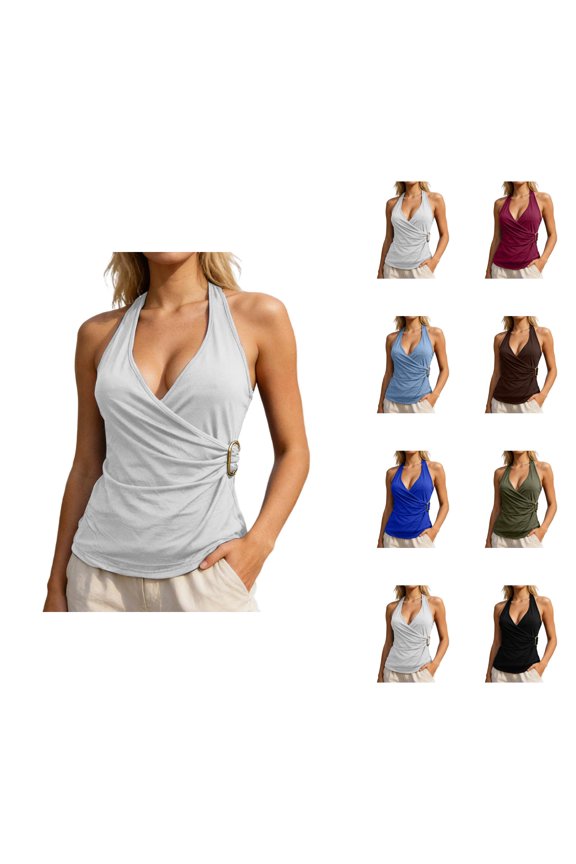 Halter Tank Tops for Women Deep V Neck Tie Wrap Ruched Fitted Sleeveless Shirt Y2k Going out Tops Summer Outfits