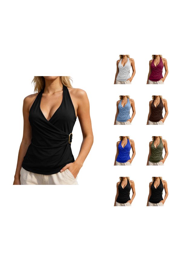 Halter Tank Tops for Women Deep V Neck Tie Wrap Ruched Fitted Sleeveless Shirt Y2k Going out Tops Summer Outfits