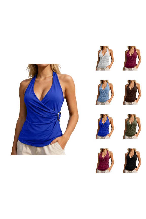 Halter Tank Tops for Women Deep V Neck Tie Wrap Ruched Fitted Sleeveless Shirt Y2k Going out Tops Summer Outfits
