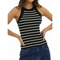 thumbnail image 1 of Halter Tank Tops for Women Summer Striped Stretchy Ribbed Knit - Shirts Slim Fitting Black XL, 1 of 6