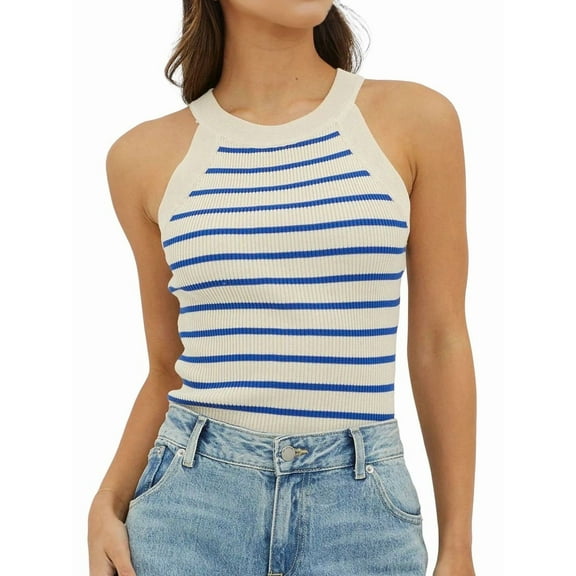 Halter Tank Tops for Women Summer Striped Stretchy Ribbed Knit - Shirts Slim Fitting Blue L